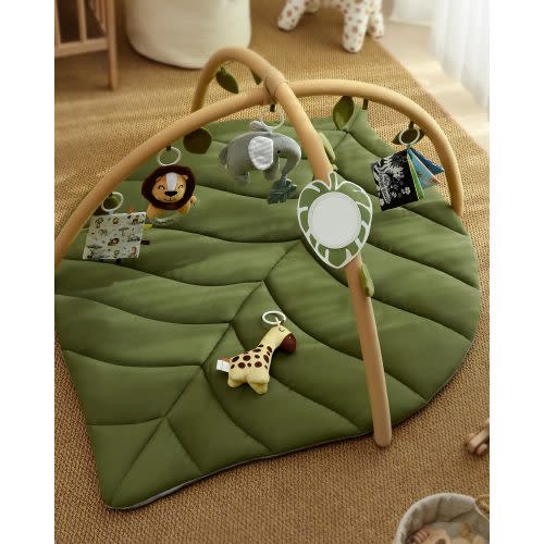 Blissful Diary Baby Play Gym & Activity Mat, Oversize Leaf Shaped Baby Play Mat w 6 Detachable Toys, Tummy Time Mat Promote Motor Skills & Sensory Development Mat, Newborn Infant Baby Essentials Gift