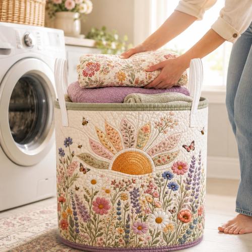 Quilted Laundry Basket, Sunburst Wildflower Storage Bin, Boho Cottagecore Hamper