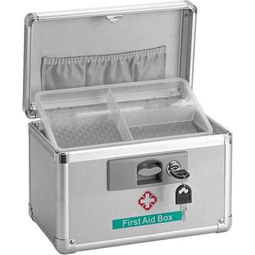 Metal Medicine Storage Box with Key, 10 x 6 x 6.7” First Aid Box Lock for Medication, Smell Proof Box Empty Organizer for Home, Dorm, Office