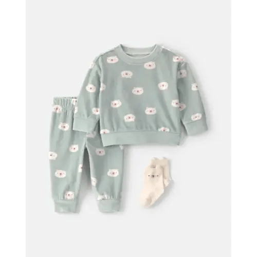 Baby Girl 3-Piece Bear Long-Sleeve Top & Pant Set - Green | Carter's
