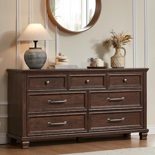 SAVOR LIFE Farmhouse 7 Drawer Dresser for Bedroom, Walnut | 54” Wide Horizontal Dressers & Chests of Drawers with Reinforced Top & Square Wooden Legs