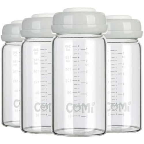 COMI Wide Neck Glass Breastmilk Collection n Storage Bottle, 8oz with Screw Ring Sealing Disk; Re-markable Sealing Disc. BPA Free, Fits Breast Pumps & Nipples (4 Gray Lids)