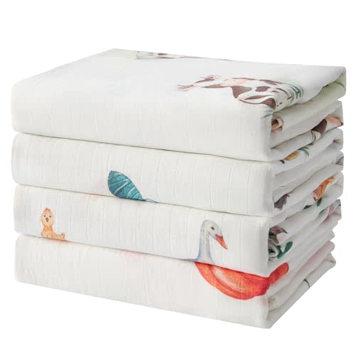IBESTOPIA 70% Rayon Made from Bamboo 30% Cotton Muslin Swaddle Blanket, 47 x 47 Inches, Farm Theme Baby Receiving Blanket, Soft and Breathable, Unisex, 4 Pack