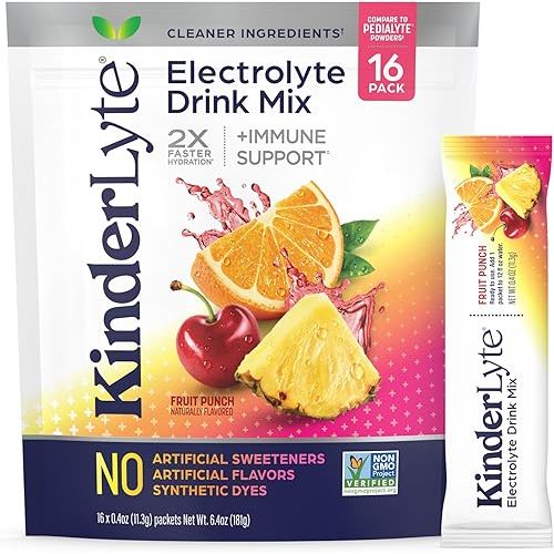 Kinderlyte Electrolyte Powder for Kids and Adults - Drink Mix Hydration Packets (Fruit Punch, 16 Count), No Artificial Sweeteners or Flavors, No Synthetic Dyes, Vegan, Non-GMO, Gluten-Free