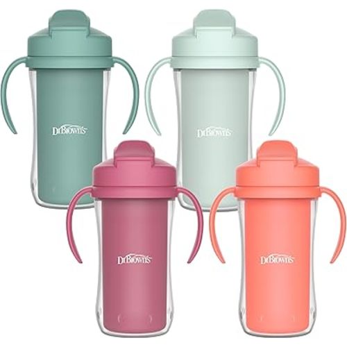 Dr. Brown's Milestones Insulated Sippy Cup with Straw and Handles, Spill-Proof Tumbler with Lid, Pink/Orange/Green/Green, 10 oz/300 mL, 12m+, 4-Pack