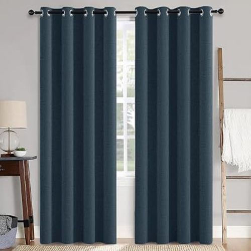 MIULEE 100% Blackout Linen Textured Curtains for Bedroom Solid Thermal Insulated Navy Grommet Room Darkening Curtains & Drapes Luxury Decor for Living Room 52 x 90 Inch (2 Panels)