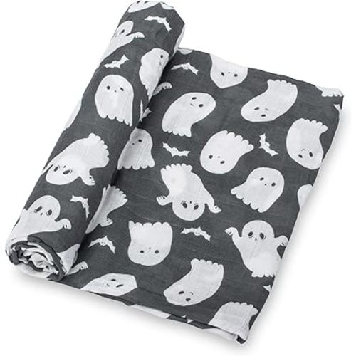 LollyBanks Muslin Swaddle Blankets, 100% Cotton Baby Swaddle for Newborn Boys and Girls, Soft and Breathable 47 x 47 Inches Infant Blanket, Baby Registry Must Haves (Cute Ghost Halloween Print)