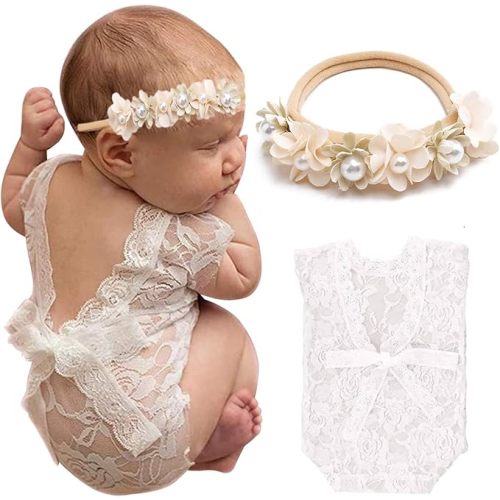 Newborn Photography Outfits, Cute Baby Lace Ribbon Rompers with Headband for Infant Photography Props