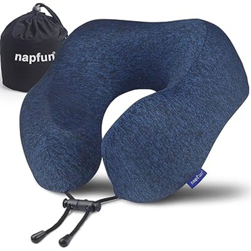 napfun Neck Pillow for Traveling, Upgraded Travel Neck Pillow for Airplane 100% Pure Memory Foam Travel Pillow for Flight Headrest Sleep, Portable Plane Accessories, Blue