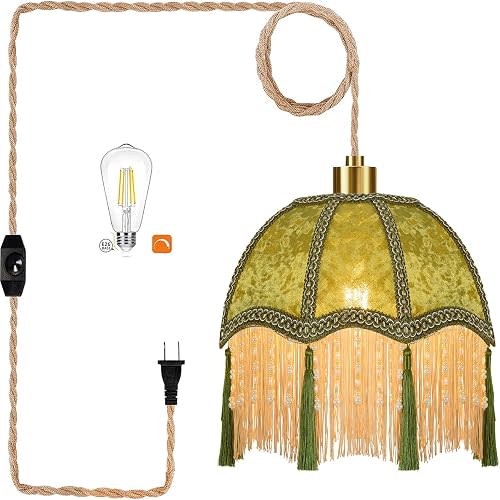 ZECOXOL Boho Plug in Pendant Light Rustic Hanging Lights with Plug in Cord & Flower Lampshade,Fringe Hanging Lamp Dimmable Plug in Ceiling Light Fixture for Living Room Bedroom Kitchen (Bulb Include)