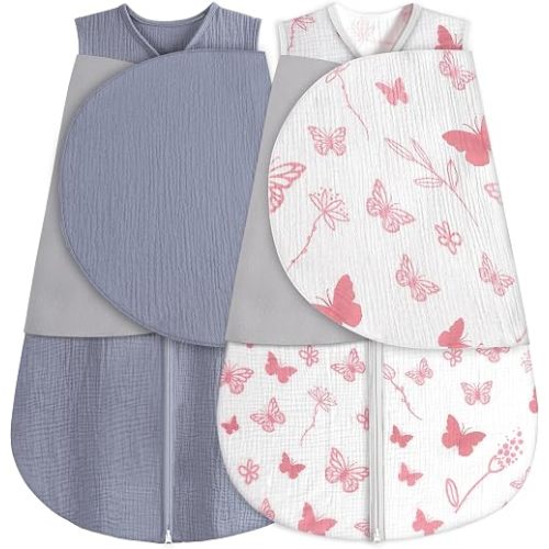 BSTOPPT Newborn Sleep Sack Baby Swaddle,100% Muslin Cotton 3-Way Adjustable Wearable Blanket,Swaddling Sleeping Bag (2, Gray & Pink Butterfly, 0-3 Months)