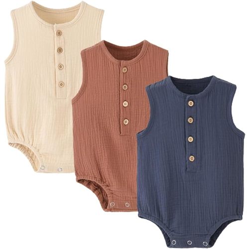 Baby Boy Romper 3 Pack Sleeveless Cotton Linen Tank Top Bodysuit