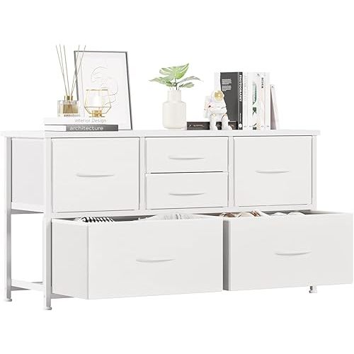 LUMTOK 6-Drawers Dresser, Fabric Dressers Drawers for Bedroom, Hallway, Nursery, Closets, Steel Frame, Wood Top, Easy Pull Handle (White)
