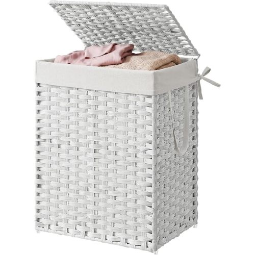 SONGMICS HOME Laundry Hamper with Lid, Clothes Basket with Removable Liner and Handles, 23.8 Gallon, Foldable Narrow Laundry Organizer for Bathroom, Bedroom, White