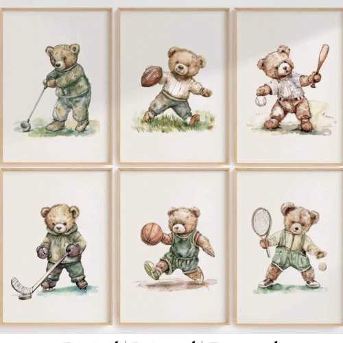 Set of 6 Vintage Teddy Bear Sports Wall Art, Babyshower Gift Boy, Watercolor Illustrations, Sports Nursery Theme Decor for Kids Room, Green