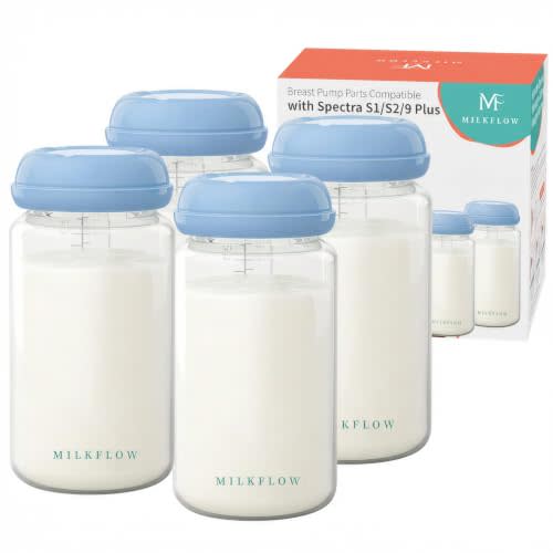 Breast Milk Storage Bottles, 4 Pack 10oz/300ml Wide Neck BPA-Free Plastic Bottles for Pumping, Compatible with Spectra S1/S2/9 Plus/SG & Motif Luna, Leak-Proof Lids for Storage, Feeding & Travel,Blue