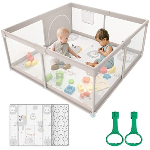 ZEEBABA Baby Playpen with Mat, 47x47inch Playpen, Playpen for Babies and Toddlers, Small Baby Play Pens, Large Playpen for Toddler, Play Yard for Infants with 47" Play Mat, Playard with Gate - 47*47inch Grey with mat