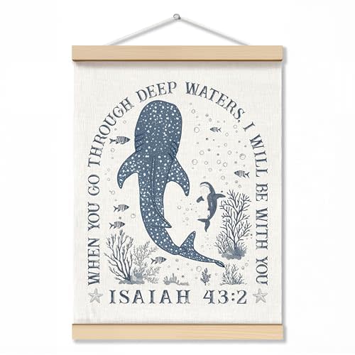 ZNGFON Trendy Whale Shark Christian Wall Decor, When You Go Through Deep Waters I Will Be With You Isaiah 43:2 Wall Art Poster with Wooden Frame, Blue Bible Verse Wall Hanging Home Decor, 12x16 Inch