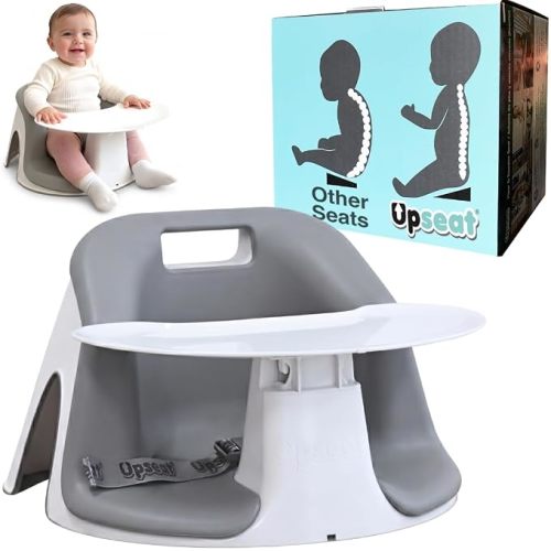 Upseat Core Ergonomic Baby Floor Seat with Removable Tray & Cushion, Lightweight Portable Infant Sitting Chair for Upright Posture & Healthy Hip Development, Easy-Clean Design