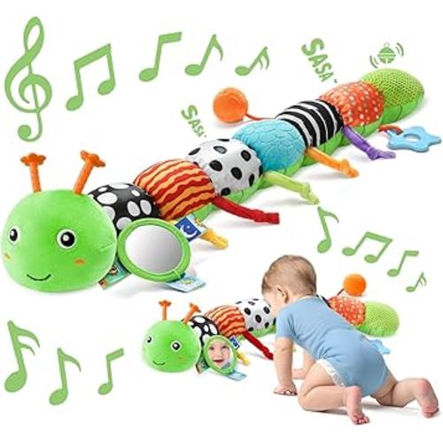 Sumobaby Baby Toys 0-6 6-12 Months,Music Caterpillar Plush Toy with Baby Mirror, Pull String&Crinkle Rattle,Infant Teething Toys,Tummy Time for 0-3-6-12 Month Boys Girls Newborn Gifts (Green-Branch)