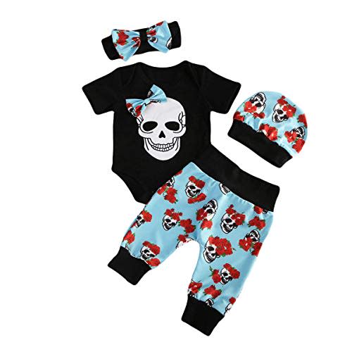 Yuemengxuan 4PCS Infant Newborn Baby Boys Girl Skull Romper+Pants+Hat+Mitten or Headband Halloween Clothes Outfit Set