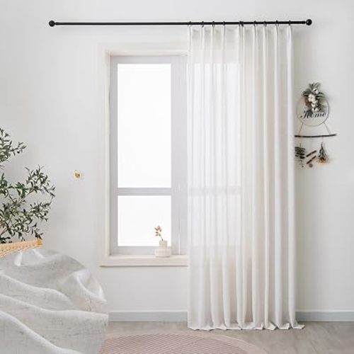 Ivory Linen Sheer Curtains Drapes 90 Inch Long Light Filtering Pinch Pleat