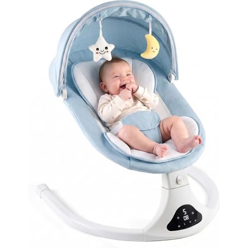 Electric Baby Swing with Remote Control,5 Speeds&Portable&Cozy(0-12M,Blue)