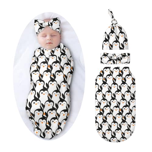 Penguin Swaddle Blankets Newborn Receiving Blanket Baby Swaddle Wrap with Headband Hat Set for Baby Girls Boys