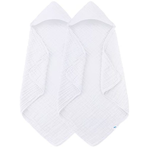 SWEET DOLPHIN Muslin Hooded Baby Bath Towels - 2 Pack 100% Cotton Towel for Babies, Infants, Toddlers - 32x32Inch - Highly Absorbent and Newborn Essential, White