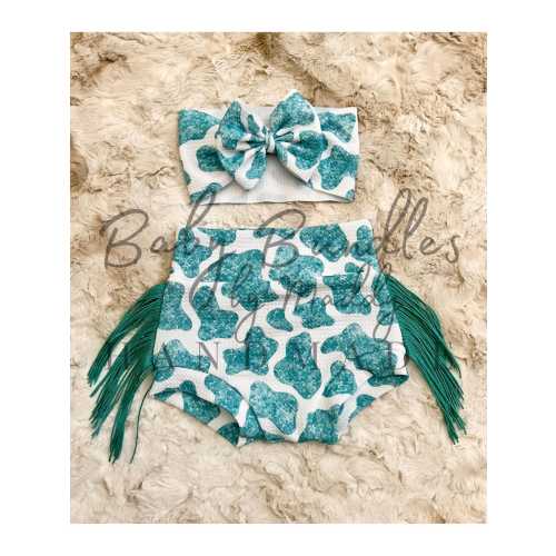 Turquoise Glitter Cow Print Fringe Bummies with Matching Bow Sets / Western Baby Girl Clothing / Birthday Pictures Rodeo Outfit / Baby Bows