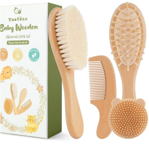 Yoofoss 4 Piece Baby Brush and Comb Set, Wooden Baby Brush with Natural Ultra Soft Goat Hair, Baby Hair Brush for Newborn, Baby Brush Set for Boy Girl