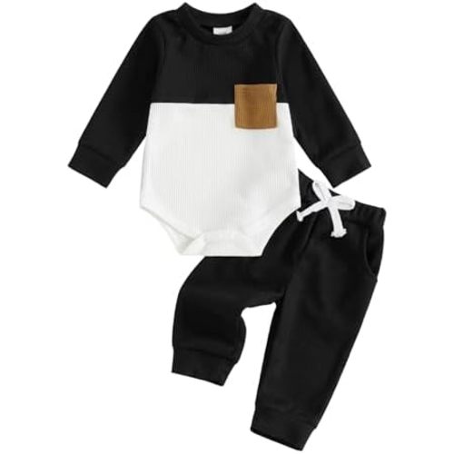 allshope Newborn Baby Boy Fall Outfit Romper Long Sleeve Solid Jumpsuit Bodysuit Elastic Waist Pants Infant Waffle Clothes