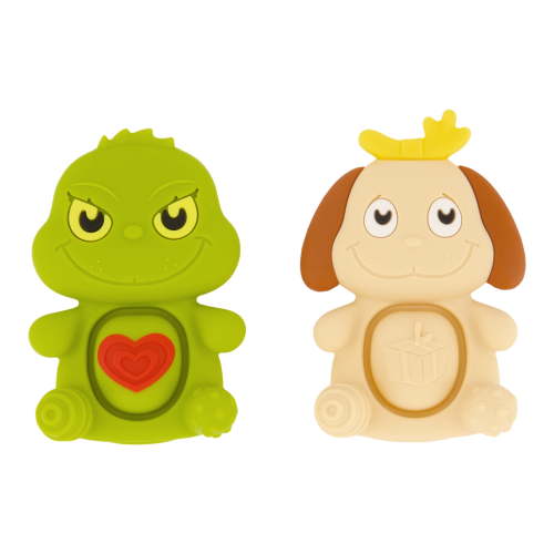 Infantino Teethimal Pop Pals Holiday Grinch & Max, Premium Silicone Teether Toys with Popping Bellies for Babies & Toddlers