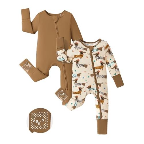 PATPAT Baby Footie Romper, Viscose from Bamboo, Long Sleeve, 2-Way Zipper, Fold-Over Mittens, Cuffs & Anti-Slip Grips