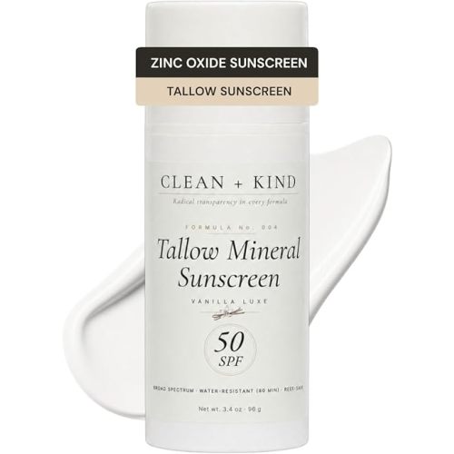 Organic Beef Tallow Sunscreen SPF 50 Vanilla — Non-Nano Zinc Oxide Mineral Sunblock, Non-Toxic Natural Reef-Safe Water-Resistant Face & Body Sun Protection (3.4 oz)