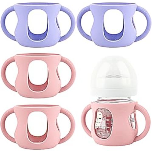 4 Pack Silicone Sleeves for Avent Natural Glass Baby Bottles, Silicone and Easy-Grip Handles for Drop Protection, Compatible with Philips Avent 4/8 OZ Glass Bottle (2 Pink+2 Purple, 4 OZ)