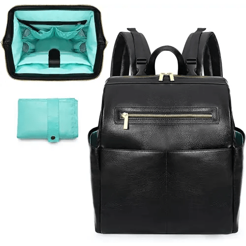 MOMINSIDE Diaper Bag Backpack, Leather Backpack with 16 Pockets for Mom Dad, Baby Registry Search, Fits 15 Inch Laptop, 4 Insulated Pockets, Changing Pad, Black