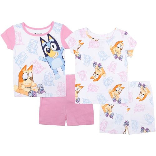 Bluey Toddler Girls' 4-Piece Cotton Pajama Sets, Pink/White-Skates, 3T