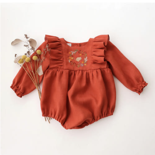 Paprika Linen Long Sleeve Ruffle Bubble Playsuit with "Mouse in Fall W – Dannie and Lilou