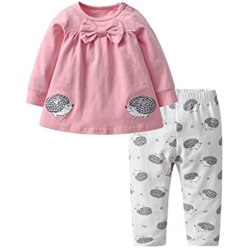 Eghunooy Baby Girls Clothes Set 2 Piece Long Sleeve Cartoon Pattern Infant Outfits