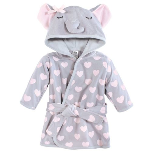 Hudson Baby Infant Girl Cotton Rich Bathrobe, Gray Pink Elephant, 0-9 Months