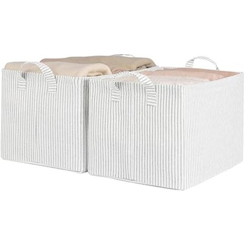 StorageWorks Storage Bins, Shelves Baskets for Organizing, Large Fabric Closet Organizers with Handles, Metal Frame, Gray and White Stripes, 2-Pack