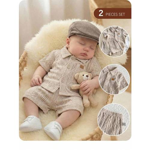 SHEIN Newborn Baby Boy Cute Casual Knit Jacquard Short Sleeve Shirt & Elastic Waist Shorts Set 2pcs Newborn Baby Boy Summer Casual Solid Color Shirt And Shorts Set, Suitable For Birthday Party, Evening Party, Performance, Wedding, Baby Shower, Wedding Gue