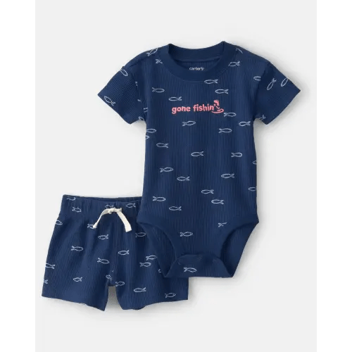 Baby Boy 2-Piece Fishing Waffle-Knit Bodysuit & Short Set - Blue | Carter's