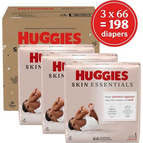 Huggies Size 1 Diapers, Skin Essentials Baby Diapers, Size 1 (8-14 lbs), 198 Count (3 Packs of 66)