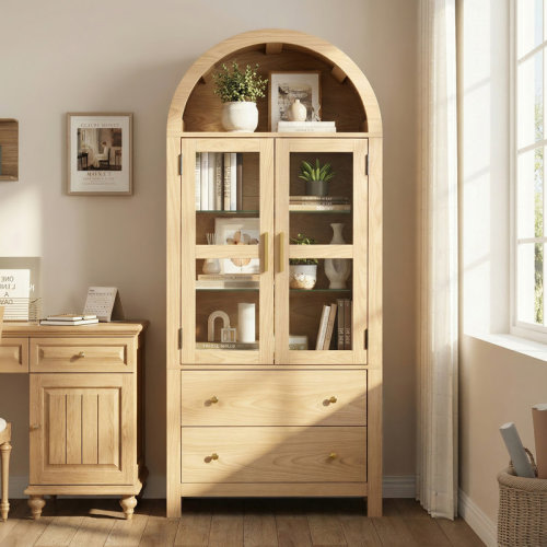 Ebern Designs 71" Tall Arched Cabinet, Modern Farmhouse Wood Storage Cabinets with 2 Large Drawers and Adjustable Shelves & Reviews | Wayfair