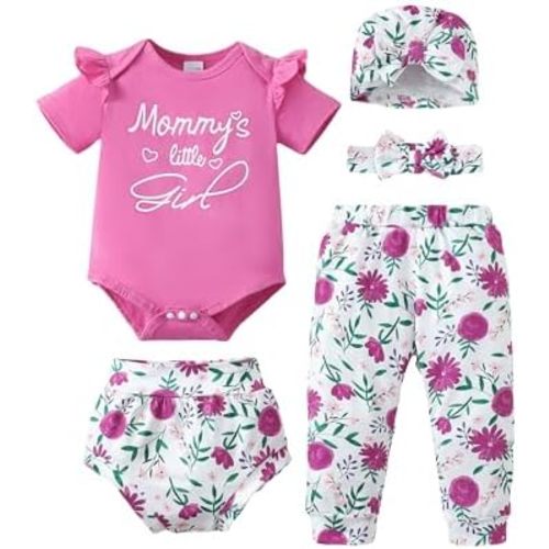 SUNNY PIGGY Baby Girl Clothes Infant Newborn Girls Outfits Romper with Headband Hat Pants Shorts Set 5Pcs