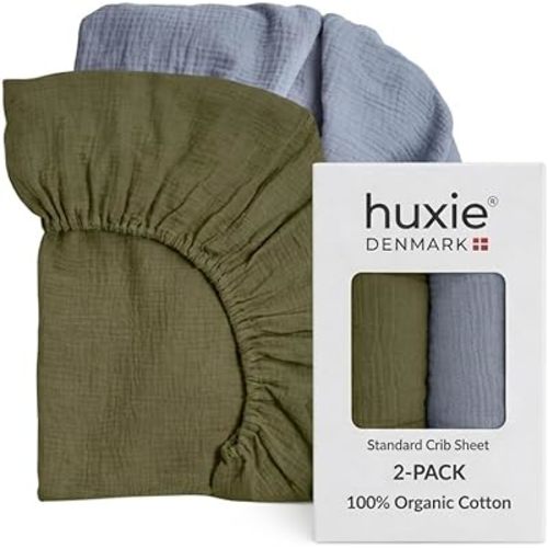 Crib Sheets – Organic Cotton Muslin Fitted Crib Sheet – Standard Size for Baby Boy and Baby Girl 28" x 52" Ultra-Soft and Breathable - 2-Pack (Tradewinds/Sage Green)