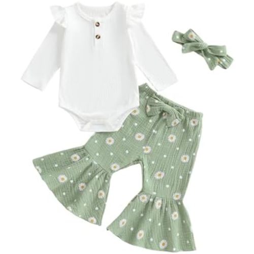 Newborn Baby Girl Fall Clothes Ruffle Romper Long Sleeve Onesie Daisy Print Flared Pants Set Headband Clothes Set