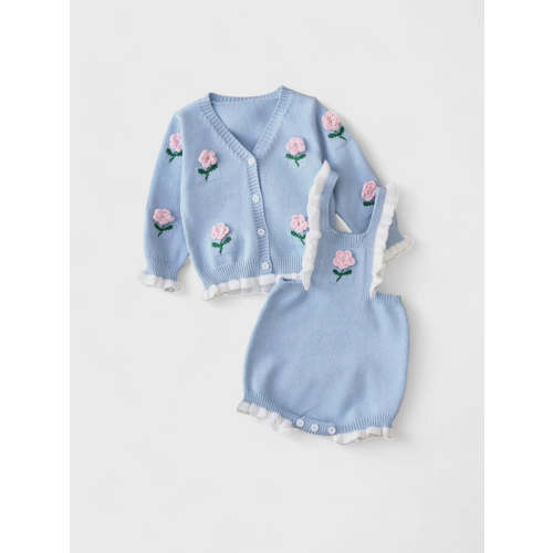 2 Pc Baby Girl Knit Romper with Flower Cardigan